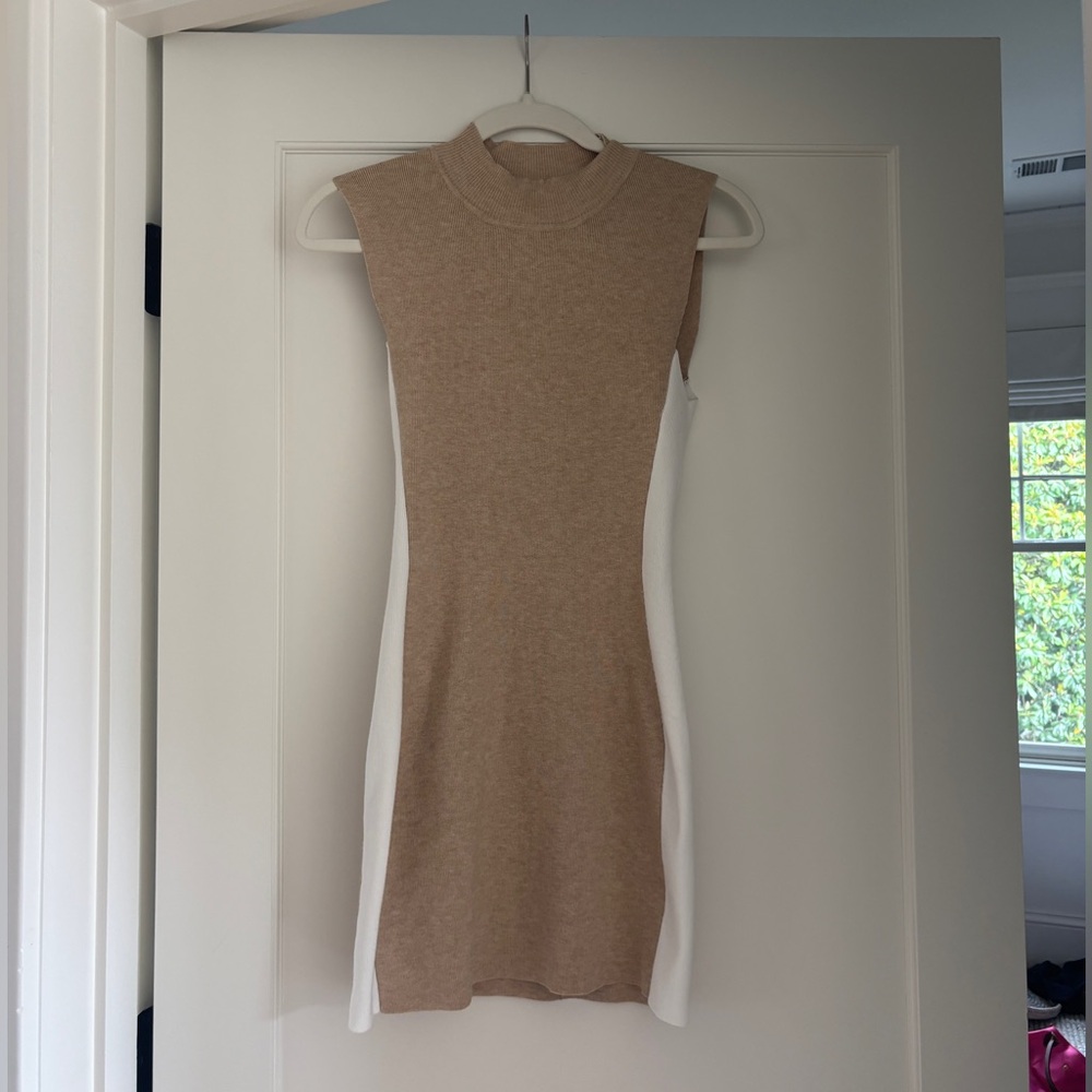 Cloud Ten sweater dress. Tan and white